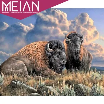 

2020 Meian Cow Diamond Painting Cross Stitch Full Square DIY 5D Cattle Buffalo Bison Diamond Mosaic Wild Animal Home Decor