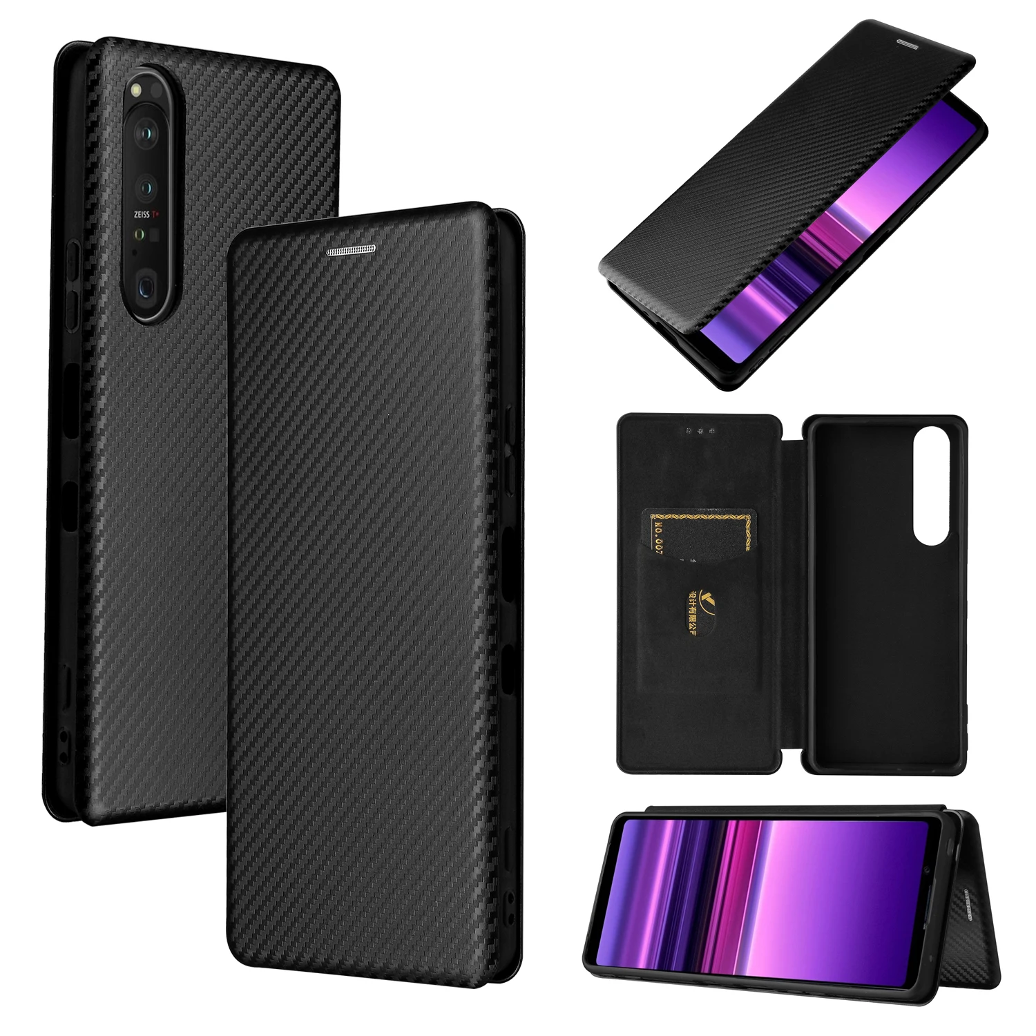 Leather Wallet Case Magnetic Carbon Fiber for Sony Xperia