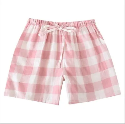 Couple pajamas summer cotton gauze shorts Japanese style simple elastic waist casual large size lattice men and women home pants Female pink big grid
