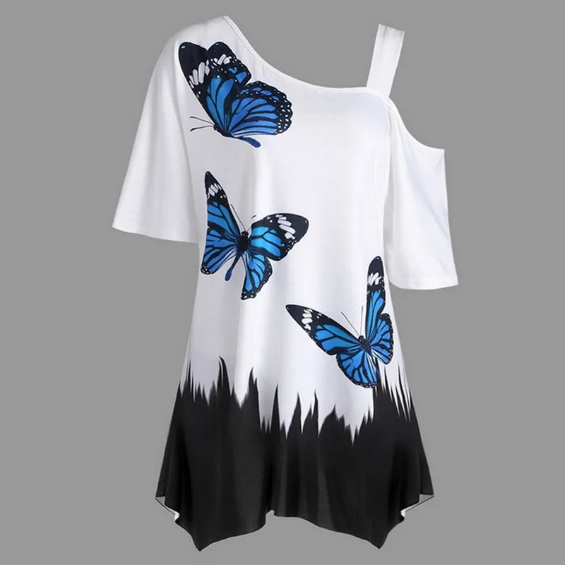 NIBESSER/летние футболки для женщин с принтом бабочки, футболка на одно плечо, асимметричный Топ для женщин размера плюс, Свободный Топ, уличная одежда
