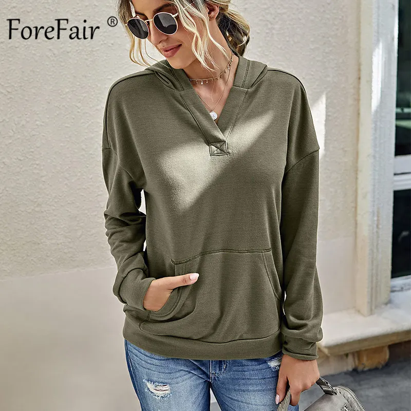 Forefair Front Pockets Hooded Casual Sweatshirt Women Winter Clothes Autumn New Fashion Pullovers Solid Oversized Hoodie | Женская