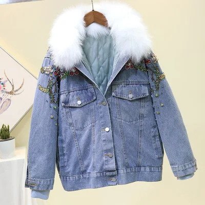 Winter Beading Diamonds Denim Jacket Women Thick Warm Fox Fur Collar Quilted Jeans Jacket Casual Loose Basic Coat Female Outwear - Цвет: blue