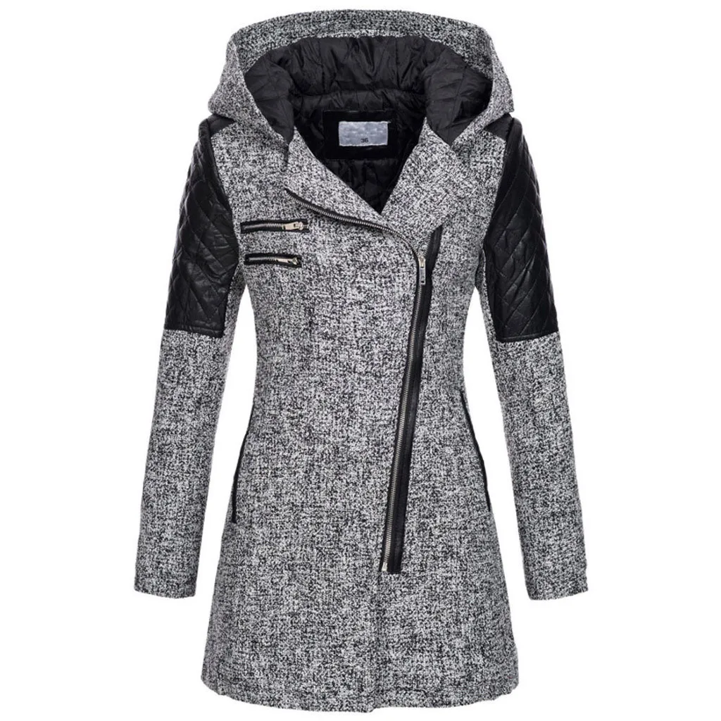 Women Wool Coat Warm Slim Jacket Thick Overcoat Winter Outwear Hooded Zipper Coat Patchwork Hooded Jackets Long Sleeve Coats Top