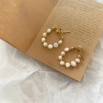 Korean Baroque Pearl Hoop Earrings Gold Color Acrylic Beads Circle Charms Hoops Women Earrings Vintage Party Jewelry