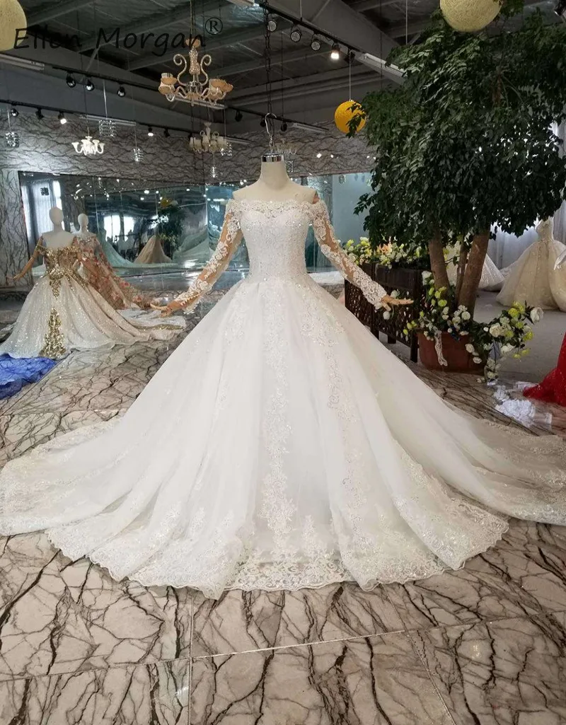 Элегантные кружевные свадебные платья с длинными рукавами 2019 Наплечная аппликация для женской футболки Тюль корт Поезд Vestidos De Novia