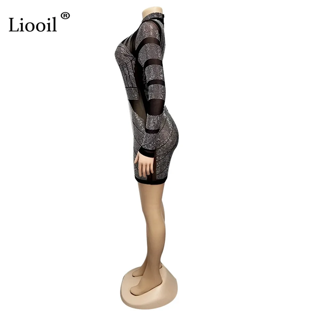Liooil, черное, стразы, Сетчатое, прозрачное, сексуальное, облегающее, Мини платье для женщин, Клубная одежда,, длинный рукав, водолазка, высокая талия, Платья для вечеринок