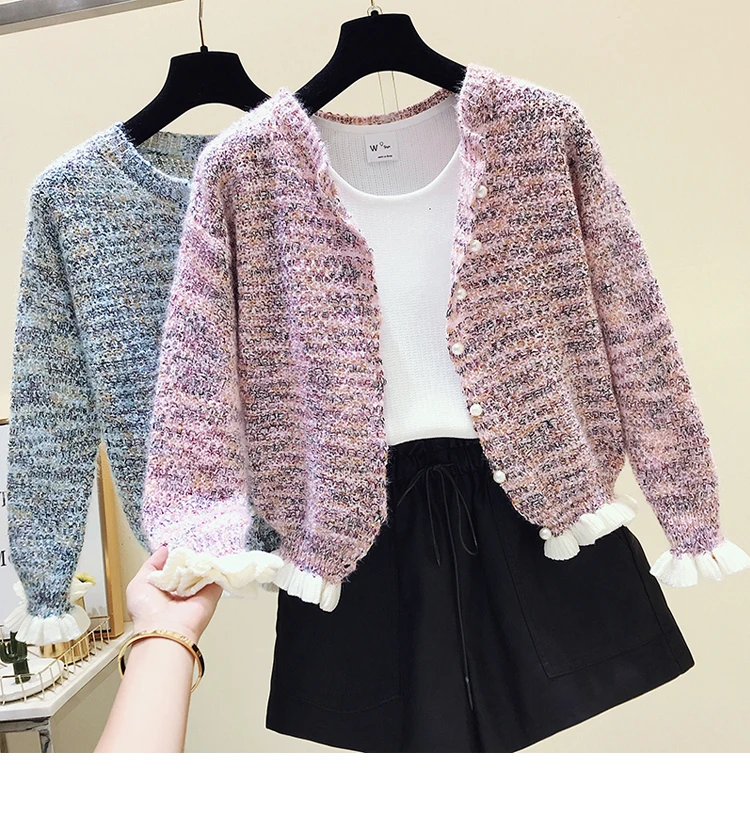 

Autumn Women Long Sleeve Short Cadigans Sweet Girls Ruffles Sweaters Short Style Woman Knitted Cardigans Knit Coat Tops