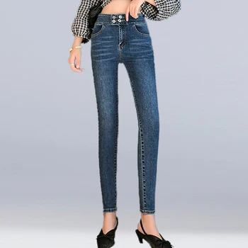 

Plus Size Women Jeans High Waist Button fly Blue Denim Pants Jeans for Women Skinny Stretchy Women Pencil Pants Lift Hips