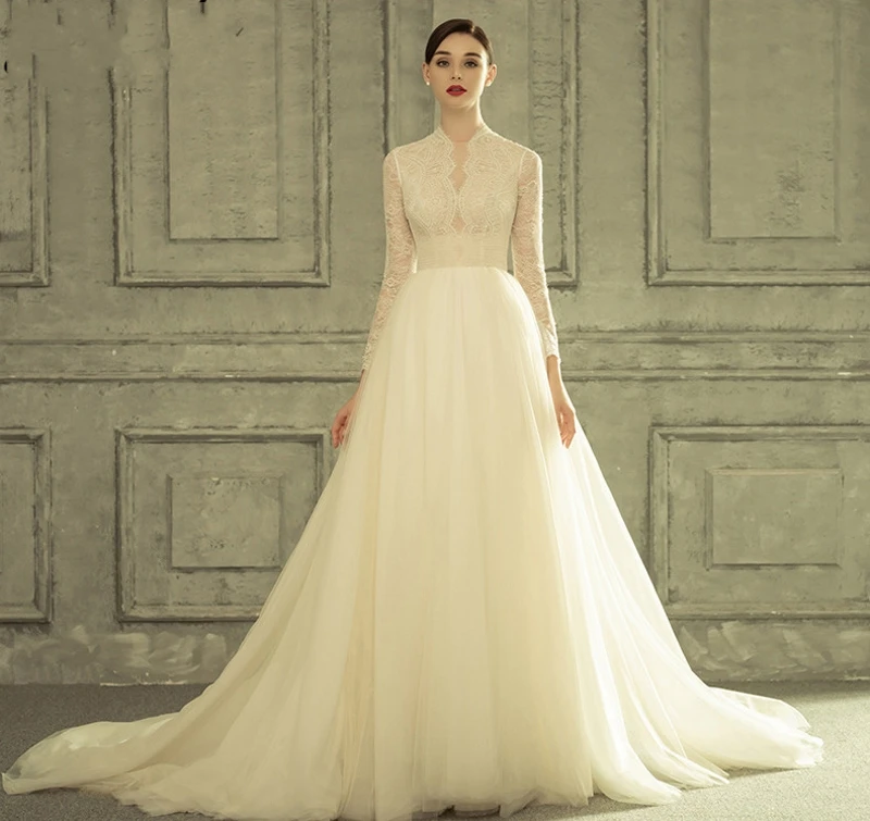 

Royal High Neck Ball Gown Princess Bridal Wedding Gowns Long Sleeves Lace Pearls Wedding Dress 2020 Plus Size Gelinlik