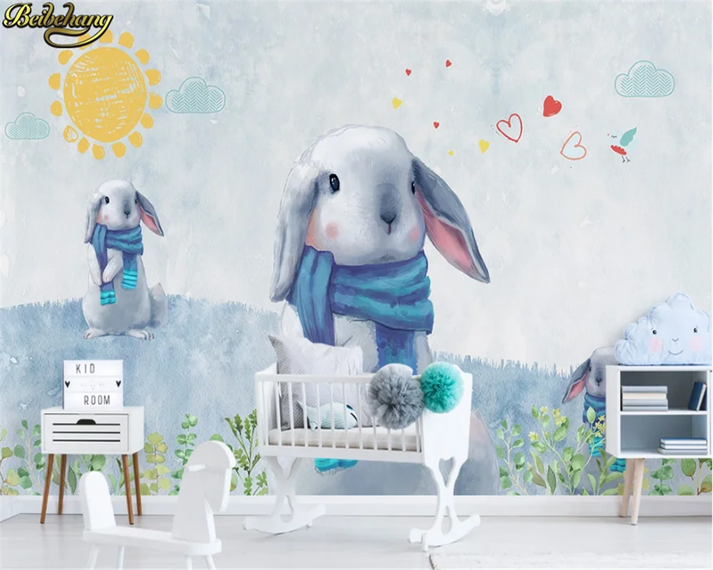 

beibehang Custom 3d wallpaper mural Nordic modern minimalist hand-painted cute rabbit children's room background wall paper