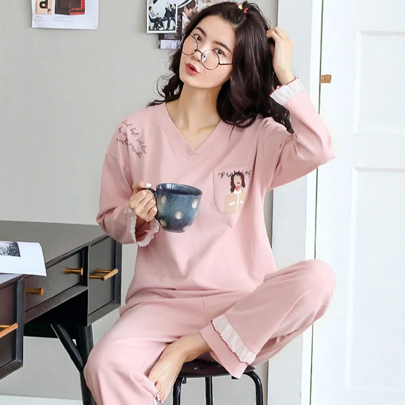 Autumn Women Comfortable Cotton Cute Pajama Set long Sleeve Sleepwear Suit Girl Print Pyjama Set Womens Nightshirt Sets