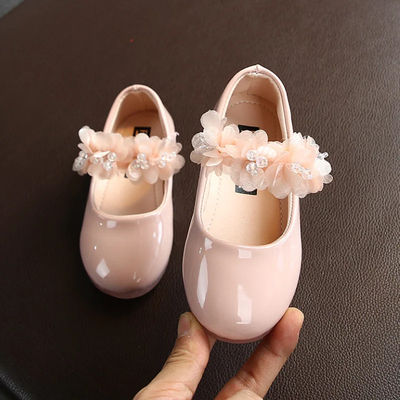 New Floral Spring Girls Shoes Children Black Red Pink Flat Single Shoes Kids Princess PU Leather for Girl CSH125