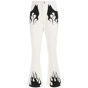

Focal20 Streetwear Fashion Womens Wide Leg Pants High Waist Women Long Pants Flame Printed Zipper Button Flared Ladies Trousers