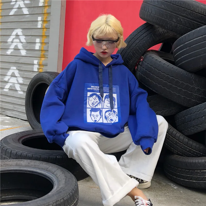 Новинка зимы Ins Harajuku Забавный мультяшный принт толстовка с капюшоном ulzzang модный уличный большой размер свободный женский свитер с капюшоном