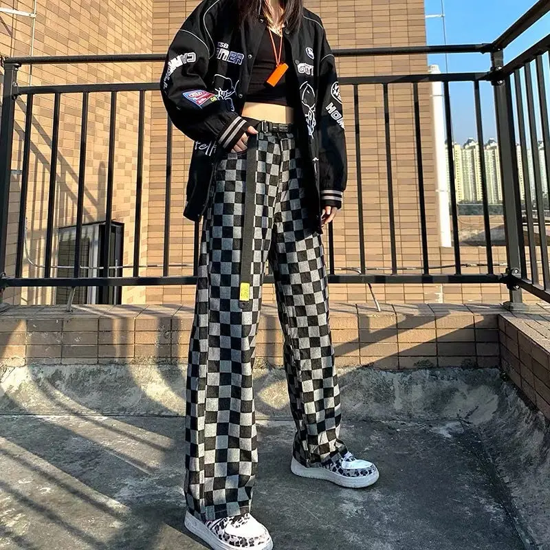 Women Wide-leg Pants Thin High-waist Lattice Female Trousers Straight-leg Sports Harajuku Casual Jeans Skateboard Loose Girls