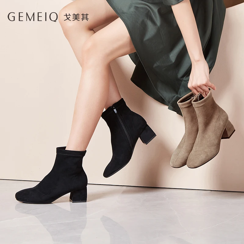 GEMEIQ/2019 г. Новые зимние ботинки на толстой подошве с квадратным носком Элегантные