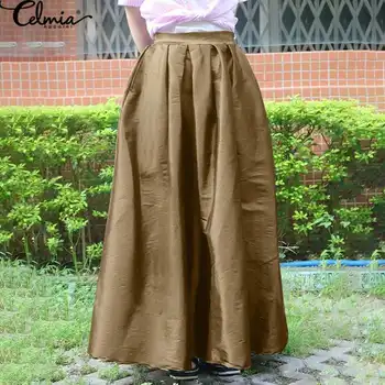 

Vintage High Elastic Waist Maxi Skirts 5XL Celmia Women Casual Satin Skirts 2020 Fashion Solid Pleated Elegant Office Skirts 7