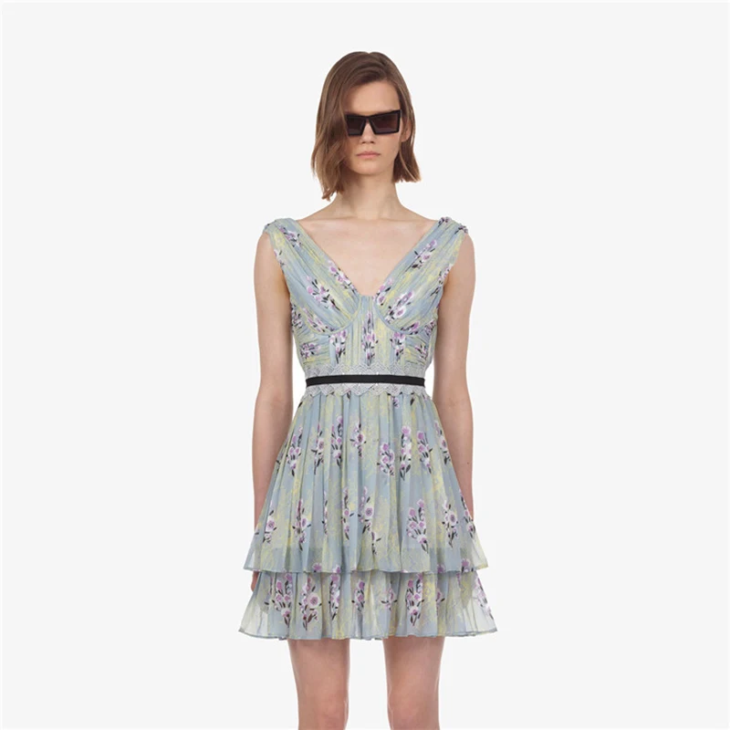 CAMIA summer print dress V-neck sleeveless lace print high waist dress female