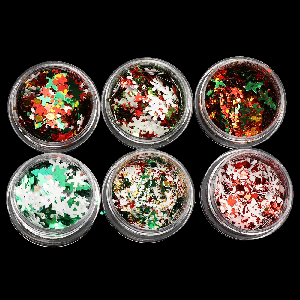 6Box /set Christmas Hot Mix Style Snowflake Christmas Tree Star Glitter Nail Sequins Holographic Flakes Nail Art Sticker Decor