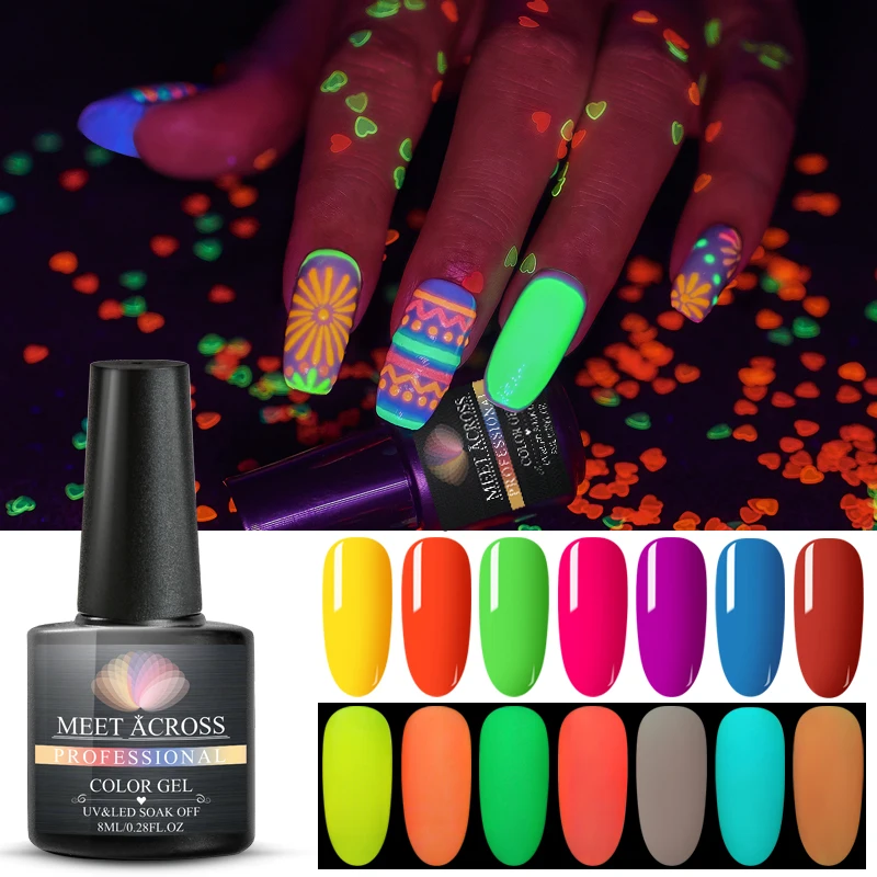 

MEET ACROSS Florescent Light Nail Gel Polish Glow In Dark Neon Luminous UV Nail Art Gel Soak Off Gel Varnish Lighting In Night