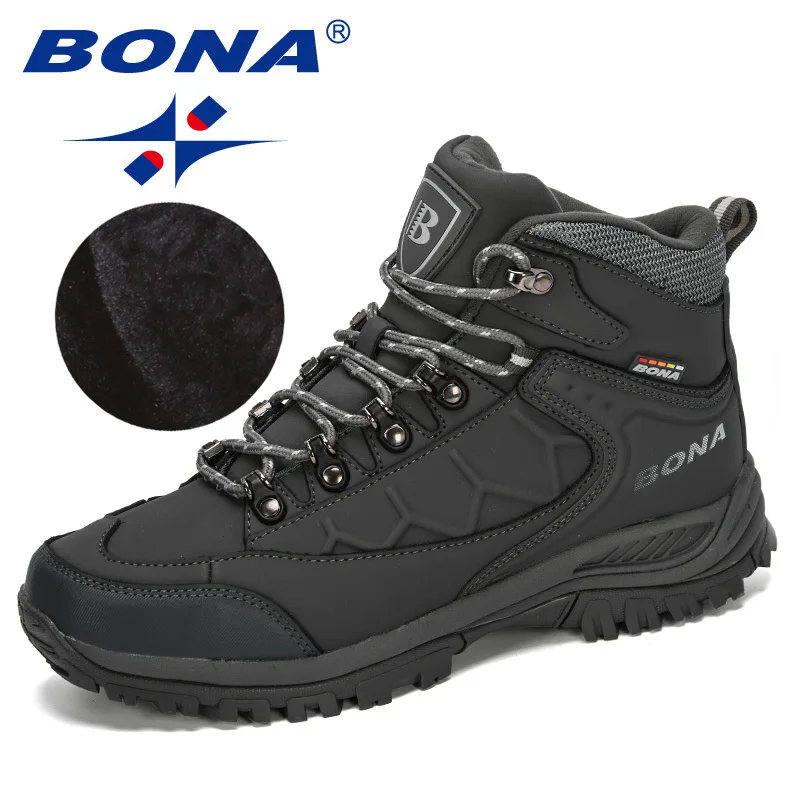 BONA New Leather Hiking Shoes Men Autumn Winter Climbing Boots High Top Trekking Hunting Shoe Trainers Black Waterproof Sports - Цвет: Darkgreysilvergray
