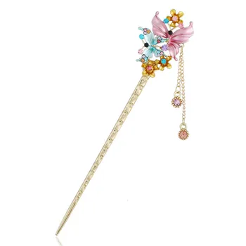 

Color Enamel Butterfly On Flower Hair Sticks For Women Girls Gifts Fashion Rhinestone Crystal Peacock Gold Hairpin Hair Jewelry