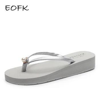 

EOFK Summer Women Flip Flops Wedge Outside EVA Light Soft Elegant and comfortable Bead Gray Slippers High (5cm-8cm) PU