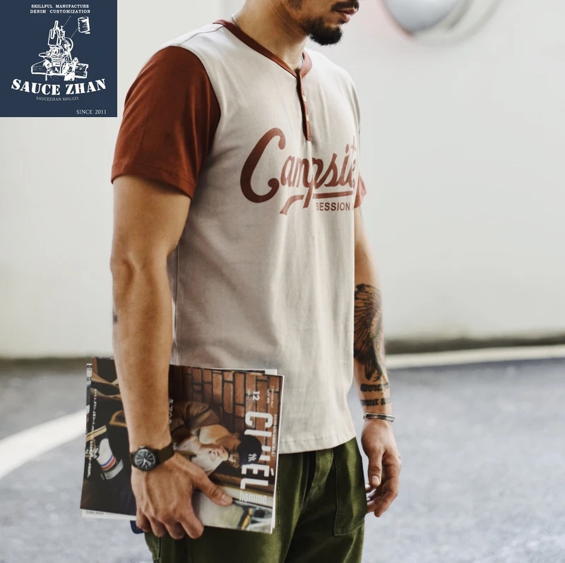 

SauceZhan Patchwork Tshirt Mens T-shirts T Shirt Men Casual Slim Fit T-shirt Double-woven fabric Cotton