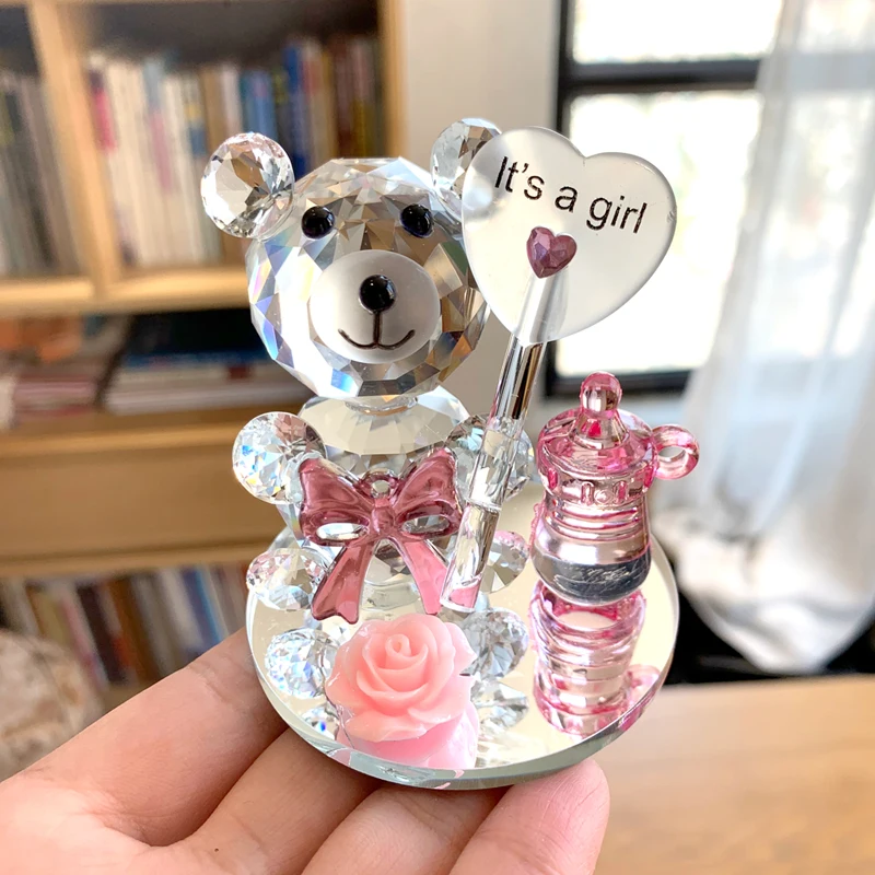 Crystal Bear With Rose Figurine Glass Bear Ornament Crystal Animal