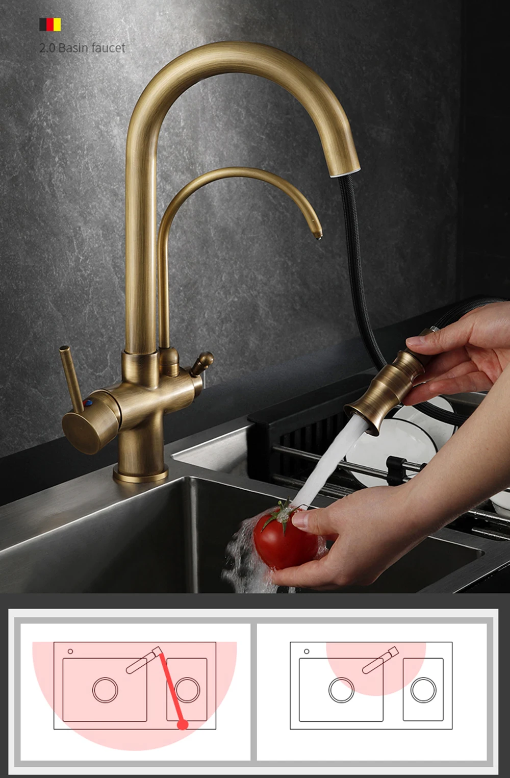 Antique Brass  Water Filter Kitchen Faucet Dual Handle Hot Cold Drinking Water Filter Faucet Pull Out  Purification Feature Taps farm sink kitchen