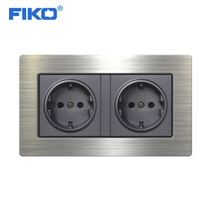 FIKO Silver Double EU Wall Power Socket 2 Gang Electric Outlet Satin Chrome Stainless Steel Panel H6 Series | Обустройство дома