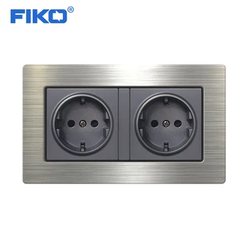 

FIKO Silver Double EU Wall Power Socket 2 Gang Electric Outlet Satin Chrome Stainless Steel Panel H6 Series
