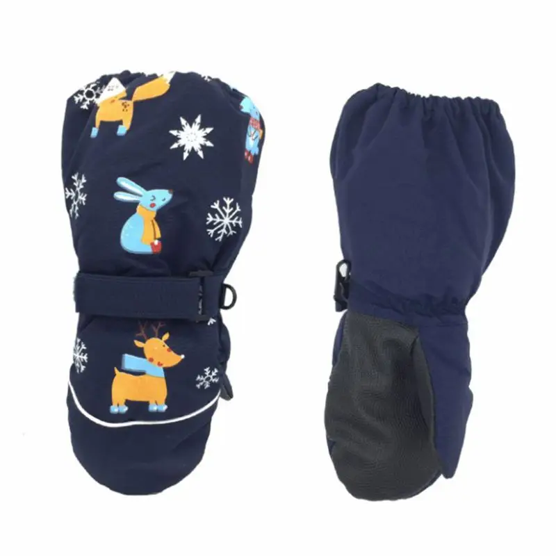 Детские зимние водонепроницаемые ветрозащитные перчатки с длинными манжетами для малышей, плотные теплые лыжные Нескользящие варежки с принтом милого кролика и оленя для детей 2-6 лет - Цвет: Navy