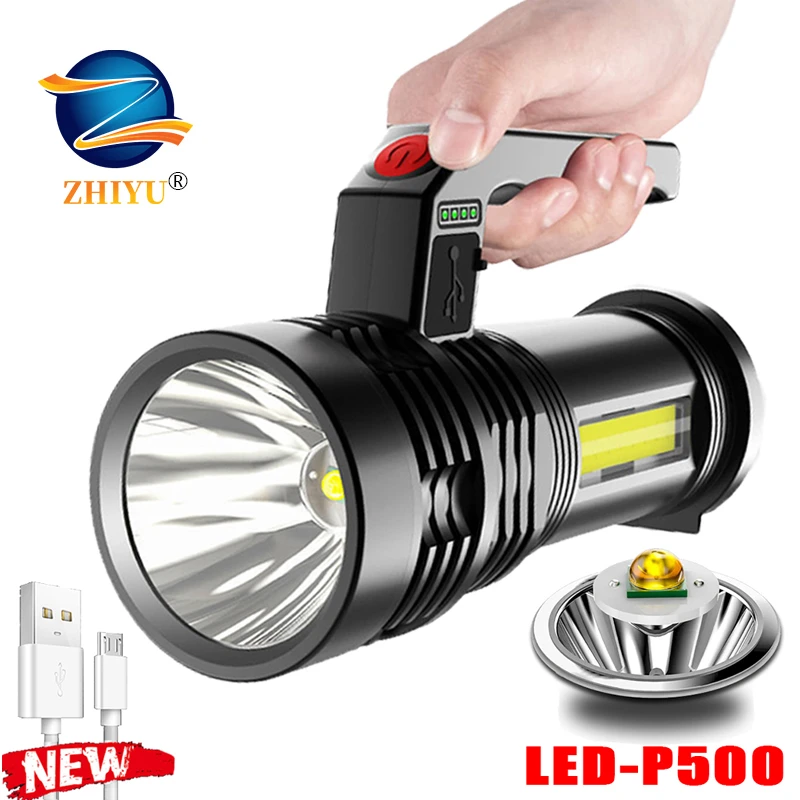 Oplaadbare Super Heldere Draagbare Zaklamp P500 Lamp + Cob Side Licht Schijnwerper Outdoor Zoeklicht Ingebouwde Batterij|LED-zaklampen| - AliExpress