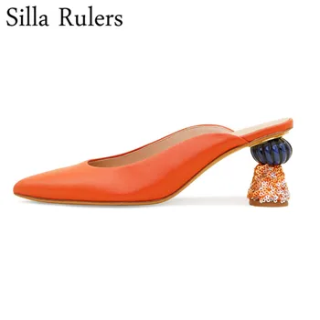 

2020 New Spring Sexy Pointed Toe Closed Toe Mules Woman Genuine Leather Sequined Cloth Heels Slippers Woman Shallow Party Shoes