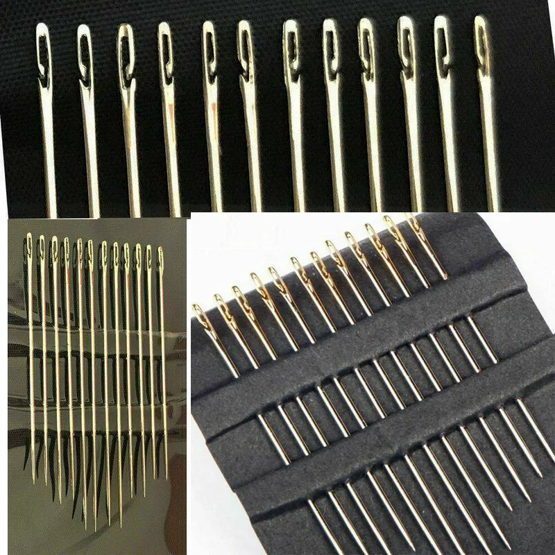 

12pcs Self-Threading Sewing Needles Set Assorted Sizes Stainless Steel Big Eye Stitching Pins for DIY Bracelet Jewelry Making