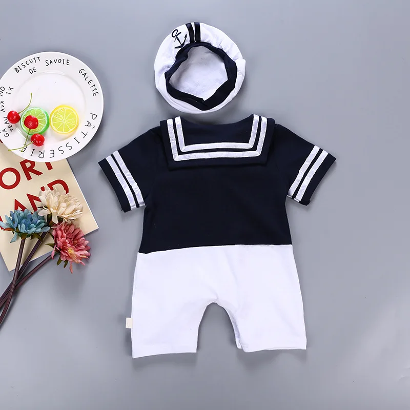 Хлопковый костюм для маленьких мальчиков и девочек в морском стиле, шляпа+ комбинезон с короткими рукавами, комплект из 2 предметов, комбинезон для малышей, летняя одежда для дня рождения, 3-6-12 месяцев