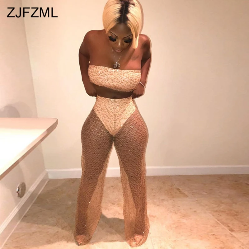 ZJFZML плюс размер комплект из 2 предметов женская одежда без бретелек сзади молния короткий топ+ высокая талия широкие брюки сетка одежда с блестками