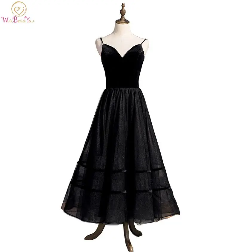 

Black Homecoming Dresses Ankle Length 2020 Velour Tulle Sweethear Spaghetti Strap A Line Simple Graduation Party Formal Gowns