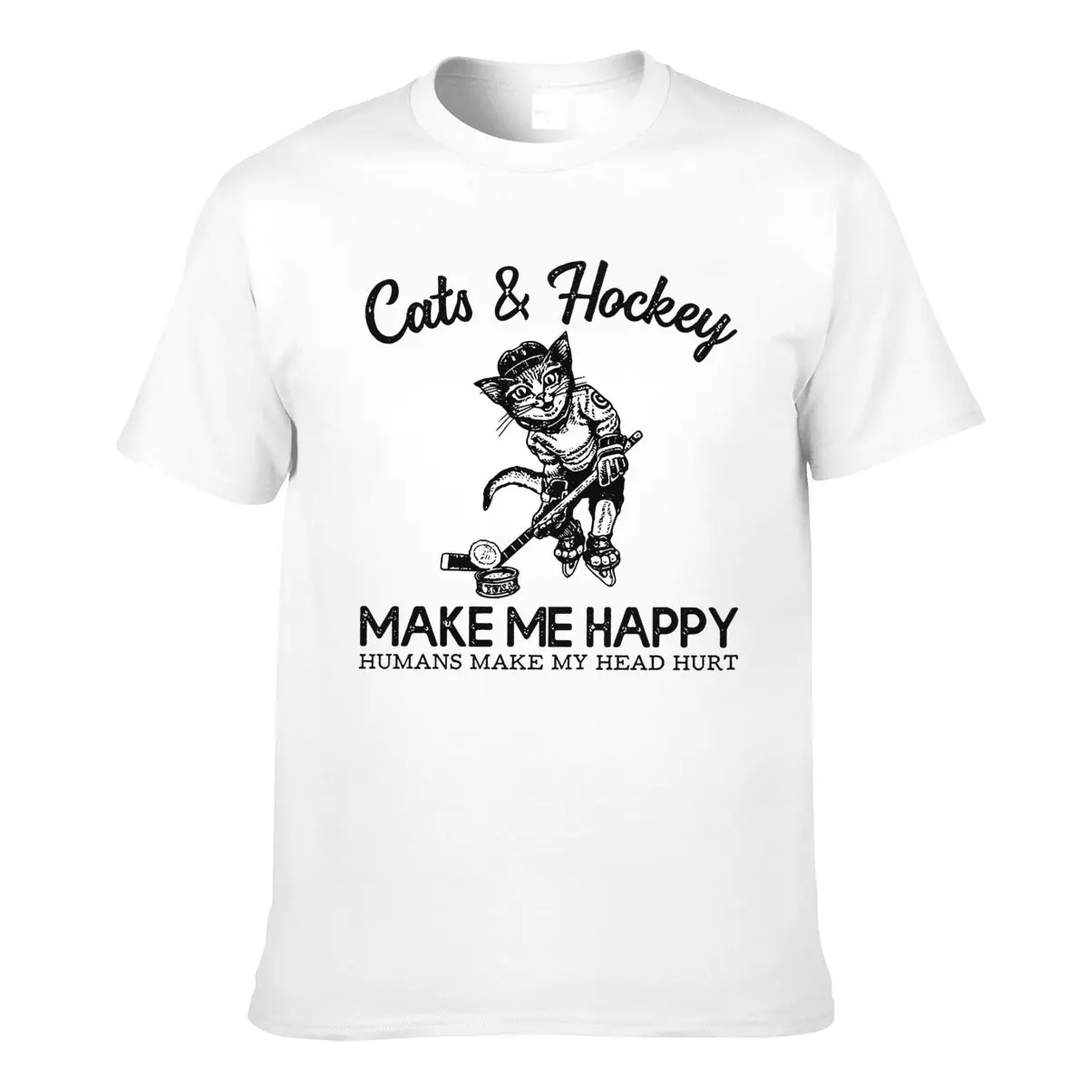 

Cats and Hockey Make Me Happy Humans Make My Head Hurt T-shirt Plus Size Clothing Tee Shirt Print Casual Cotton Short O-neck