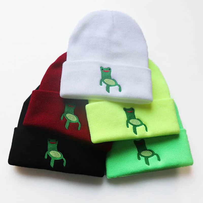 

New Cartoon Froggy Chair Embroidery Knit Hat Autumn and Winter Woolen Cap Student Pullover Boy Cool Ski Hip Hop Warm Cold Hat