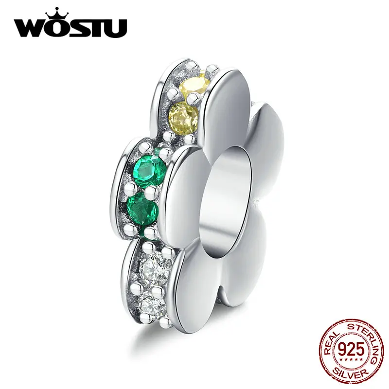 WOSTU подлинный 925 пробы Серебряный красочный Цветущий цветок шарик Циркон Шарм Подходит браслет кулон ювелирных изделий BNC114