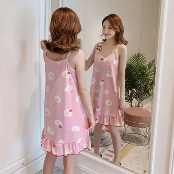 

Free Eye Mask with Chest Pad Nightwear Ladies Summer Strap Nightgown Loose Cute Printed Home Nightdress Cotton Spaghetti Strap