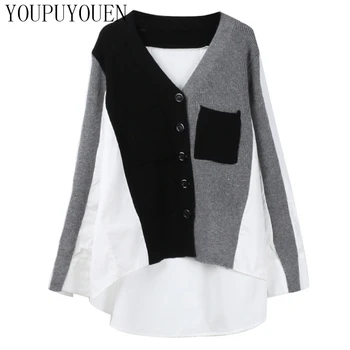 

Spring Shirt Stitching Loose Cardigan Women's Hit Color Long Sleeve Irregular Knit Sweater V Neck Oversized Fashion Sweaters