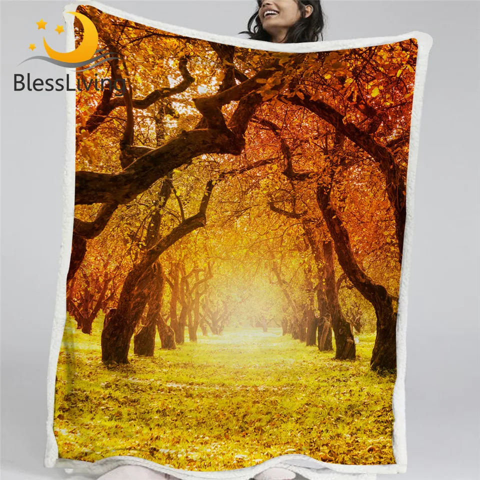 

BlessLiving Leaf Sherpa Fleece Blanket Autumn Trees Plush Blanket 3D Print Fall Blankets For Beds Park Golden Scenery Bedspreads