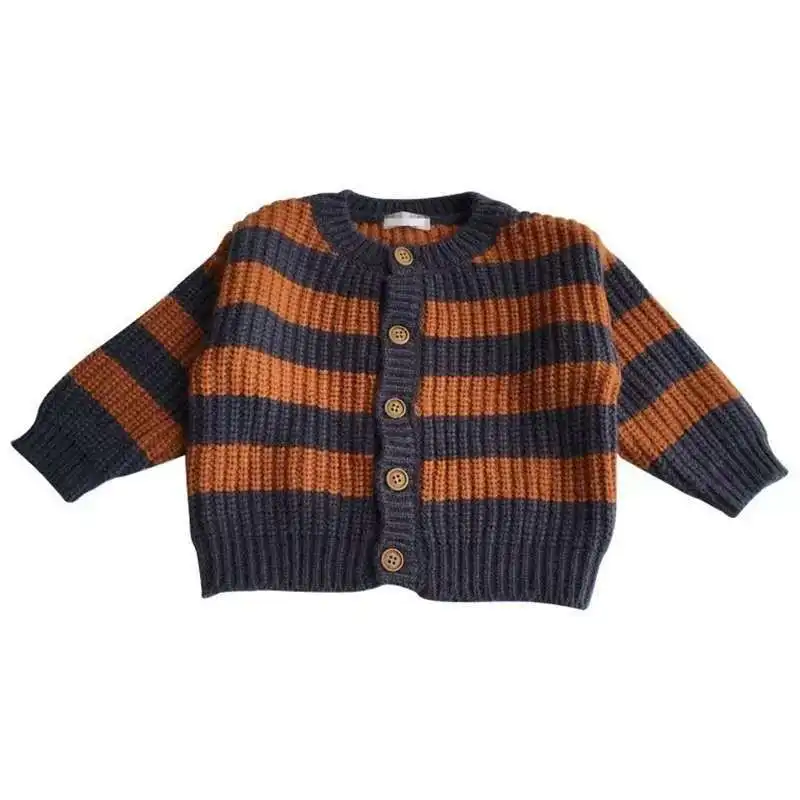 Вязаный свитер-кардиган для маленьких девочек осенний Детский кардиган с полосками для маленьких детей, милые повседневные свободные свитера
