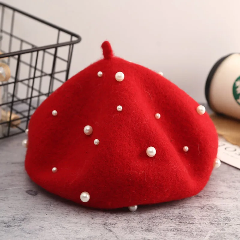 MAERSHEI Pearl Beret Children's Winter Warm Fashion Hat Women's Wool Beret Parent-child Hat Wholesale - Цвет: red