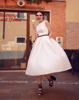 

vestidos de novia Boat Neck Short Wedding Dresses for Bride Sexy Open Back A-line Satin Tea-length Wedding Gowns robe de mariee