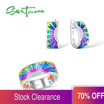 

Santuzza Jewelry Set HANDMADE Colorful Enamel White CZ Stones Ring Earrings 925 Sterling Silver Women Fashion Jewelry Set
