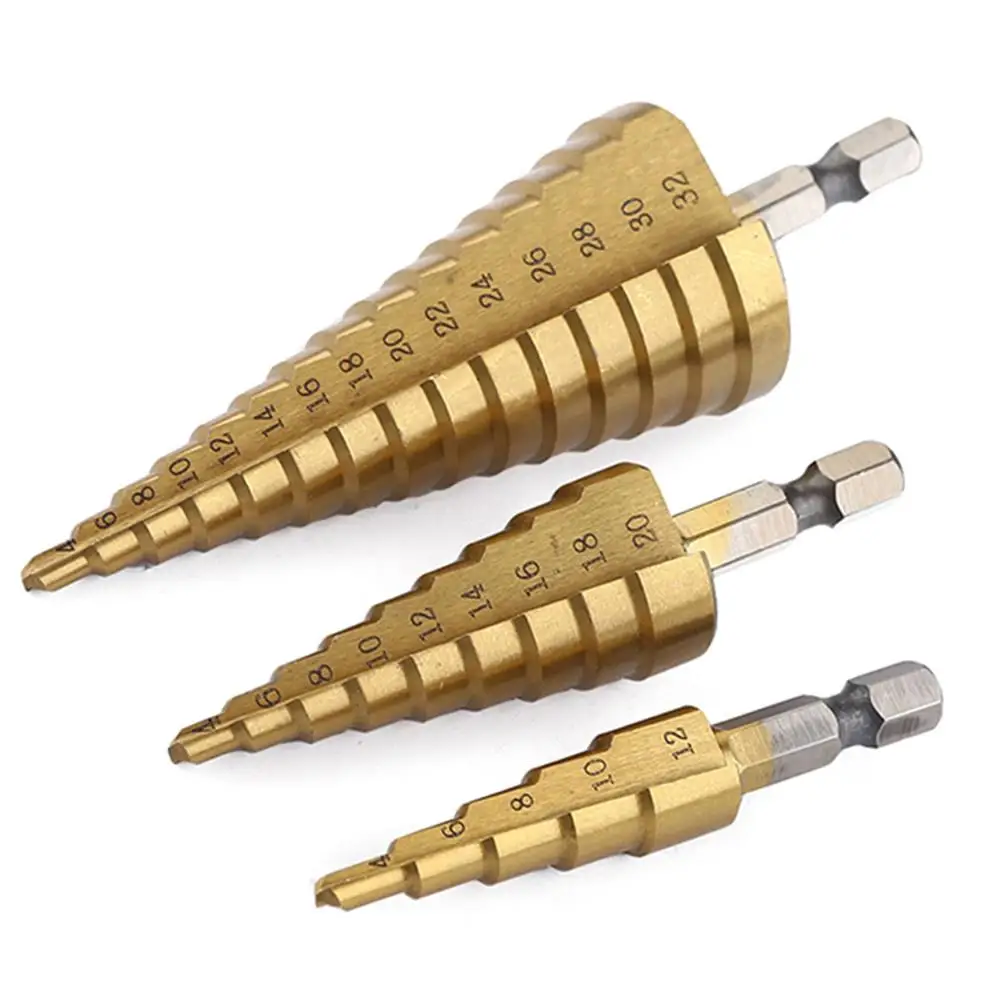 

Hss Step Drill Bit Set Cone Hole Cutter Taper Metric 4 - 12 / 20 / 32mm 1 / 4 "titanium Coated Metal Hex Core Drill Bits